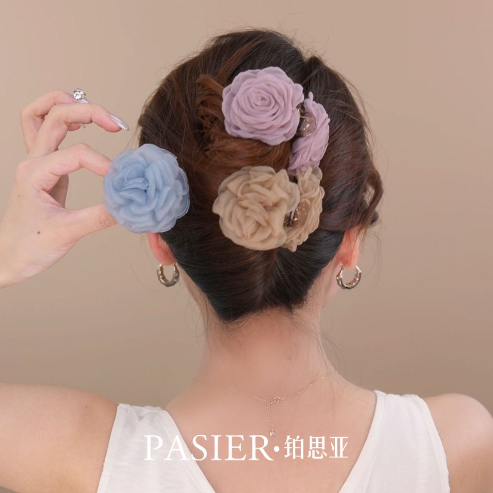 玫瑰園花朵髮夾女溫柔紗面花朵小號抓夾：圖片 3