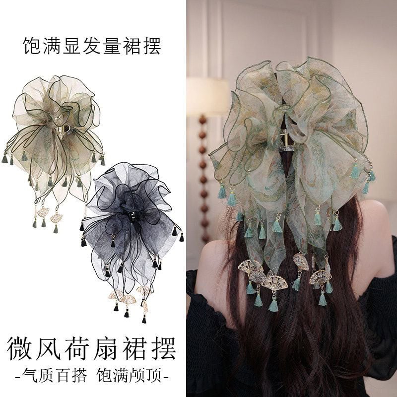 微風荷扇新中式夏季新款抓夾紮染折扇鲨魚夾