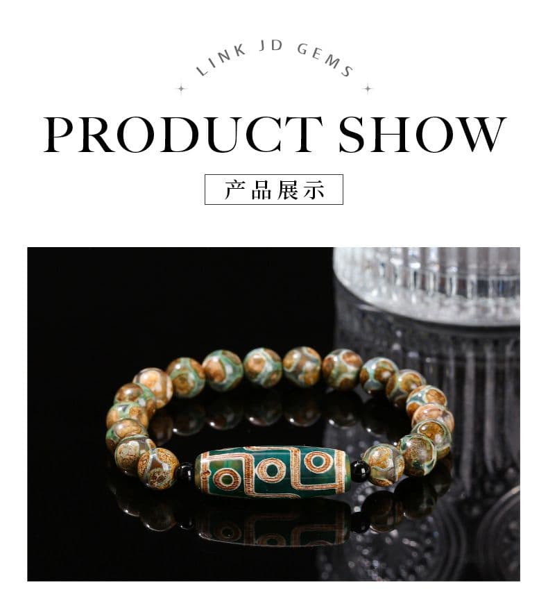 藏式綠色九眼天珠桶珠手鏈