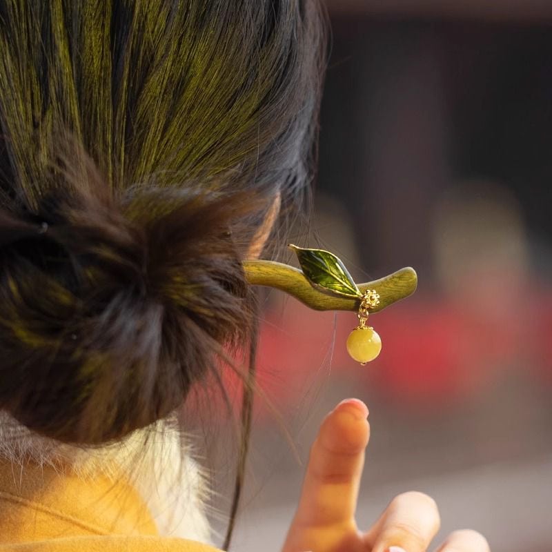 新中式綠檀木樹葉髮簪女高級感步搖盤髮器