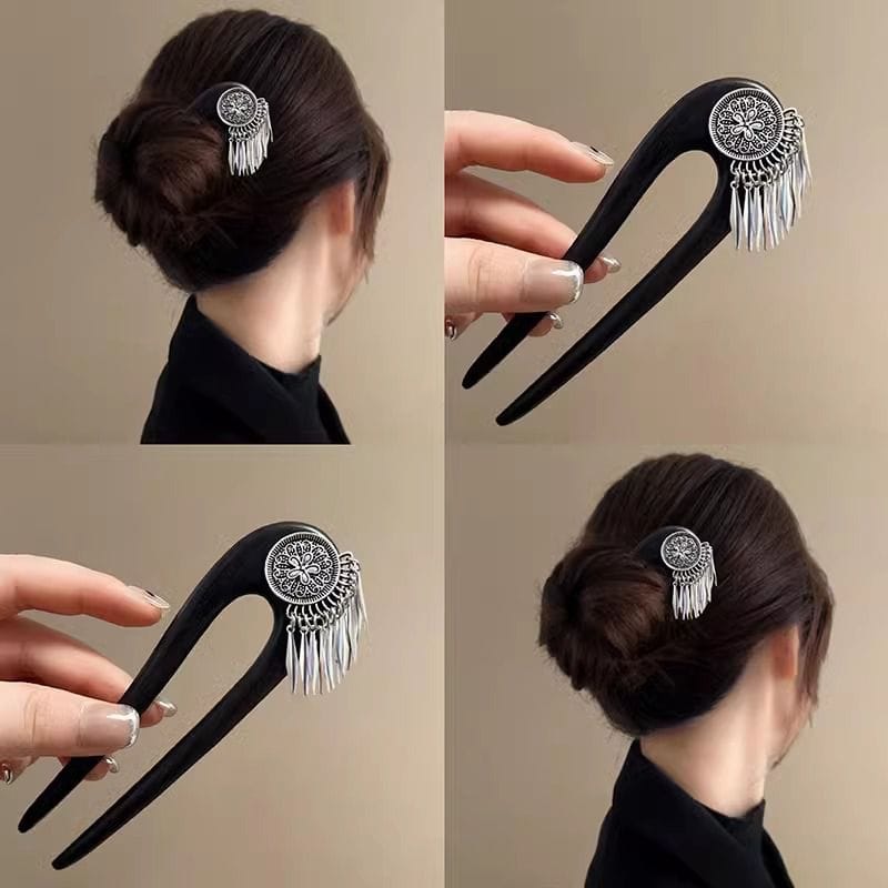 花朵流蘇雙插髮簪U型黑檀木髮簪：圖片 5