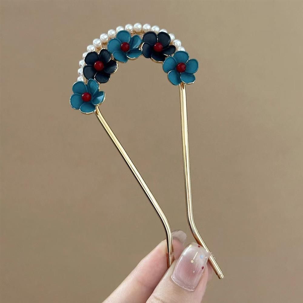 國風燒藍小花珍珠U型髮簪精致盤髮簪：圖片 2