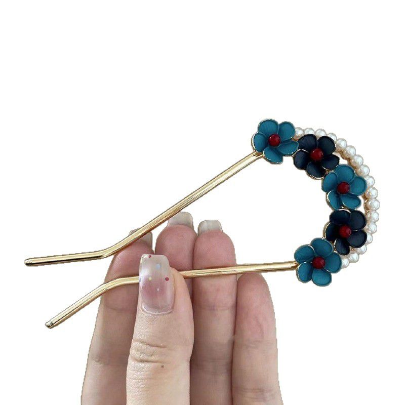國風燒藍小花珍珠U型髮簪精致盤髮簪：圖片 4