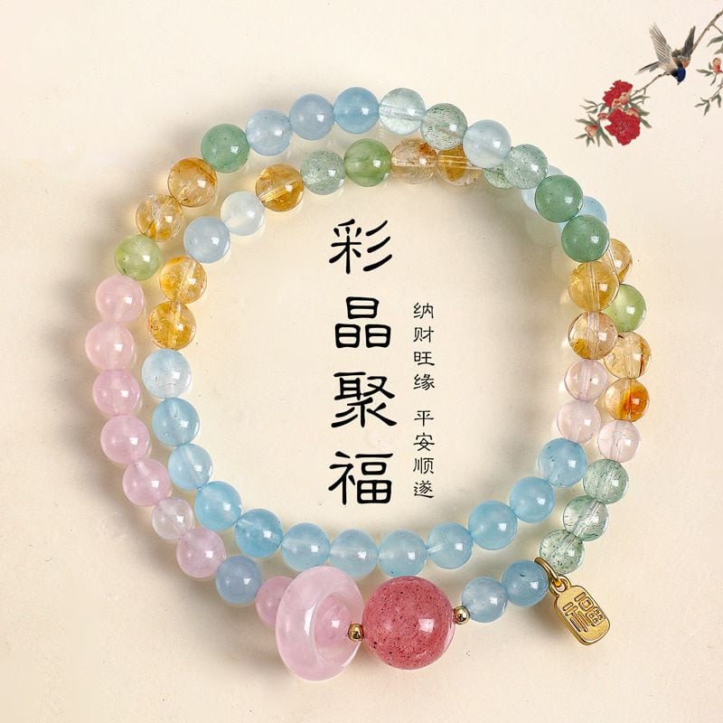 天然粉水晶黃塔晶串珠多寶雙圈手鏈