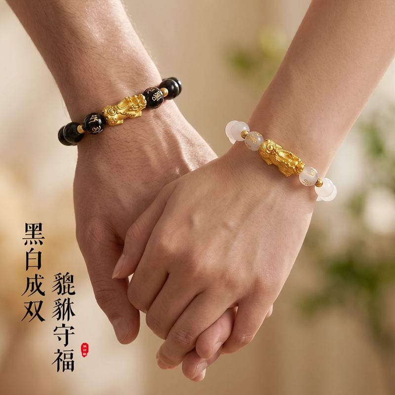 黑曜石串珠貔貅六字箴言情侶手鏈：圖片 4