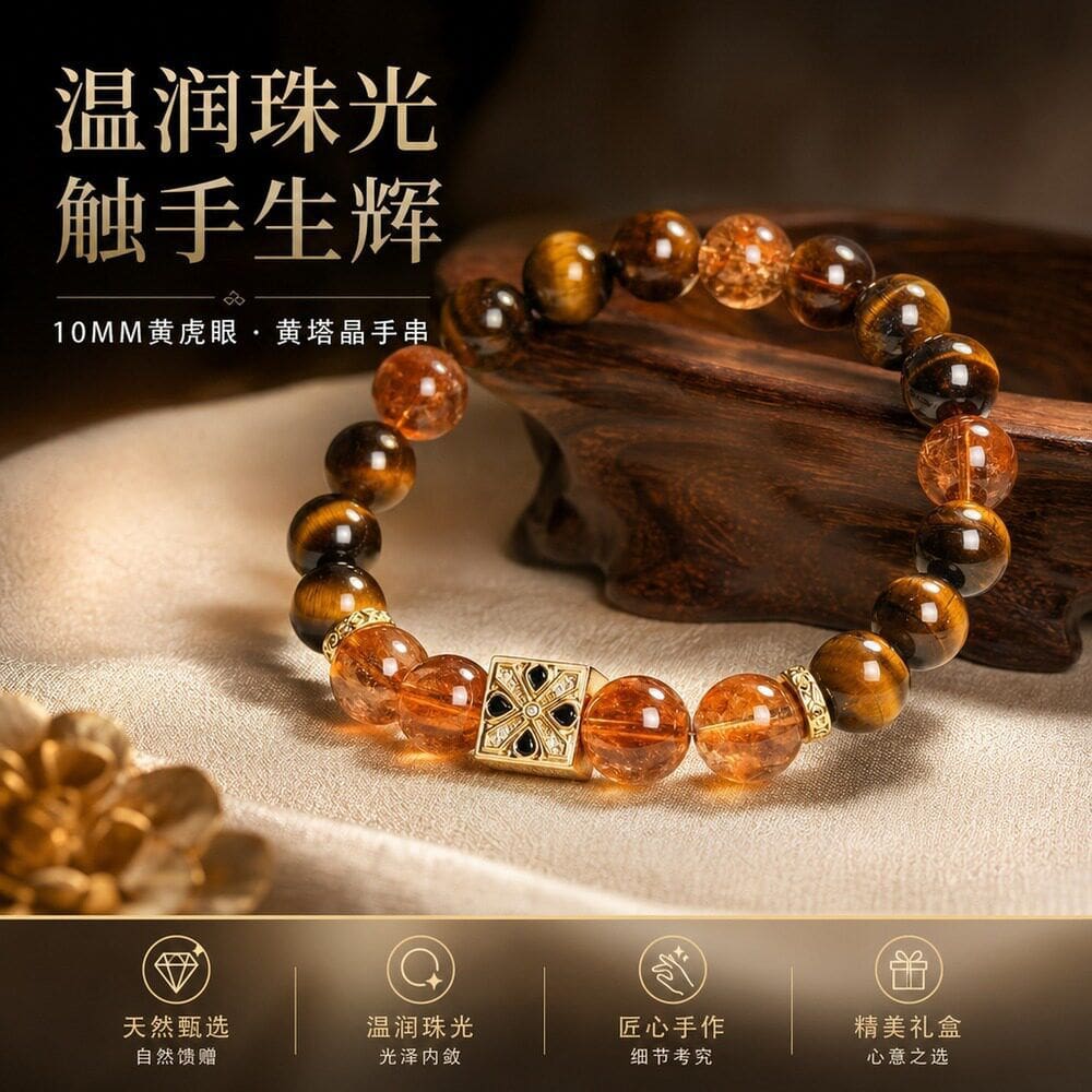 天然黃塔水晶串珠情侶手鏈：圖片 2