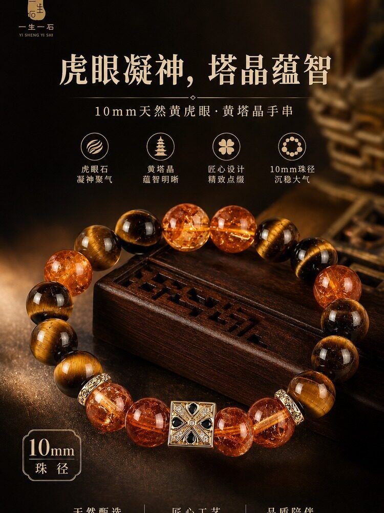 天然黃塔水晶串珠情侶手鏈