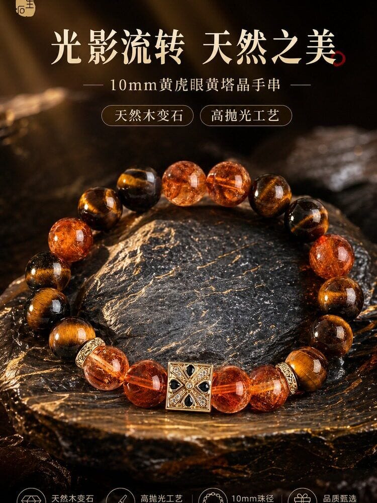 天然黃塔水晶串珠情侶手鏈