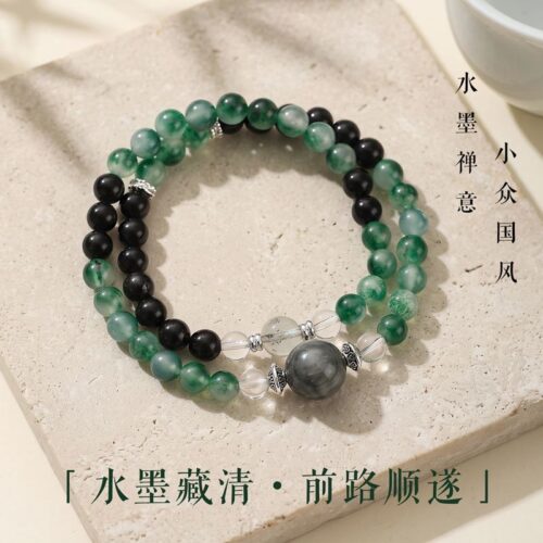 霧澗青敘水草玉髓黑曜石串珠手鏈：圖片 2