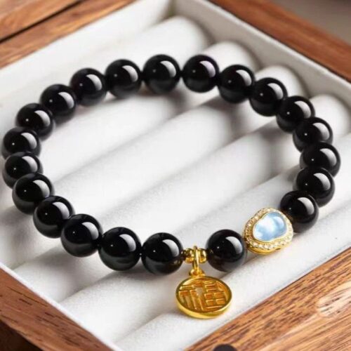 黑曜石手串葫蘆福牌福祿雙全水晶手鏈