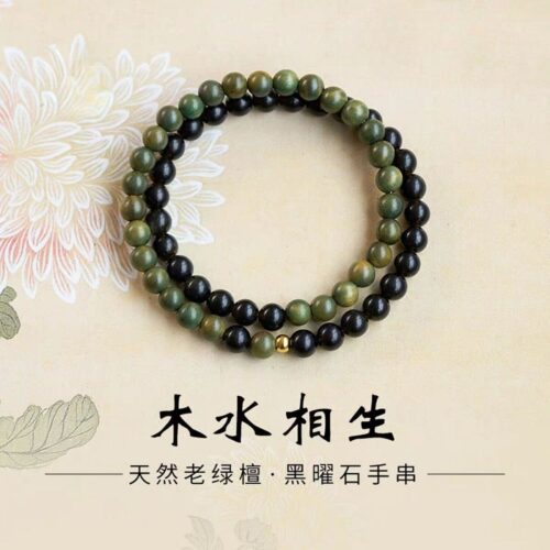 黑曜石手串補水缺木天然綠檀木手鏈