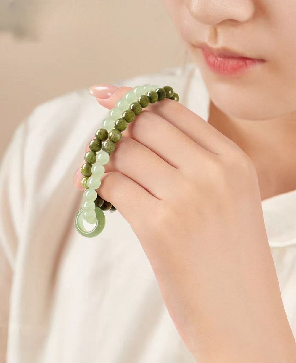 綠檀木和田玉手串跑環女款手鏈