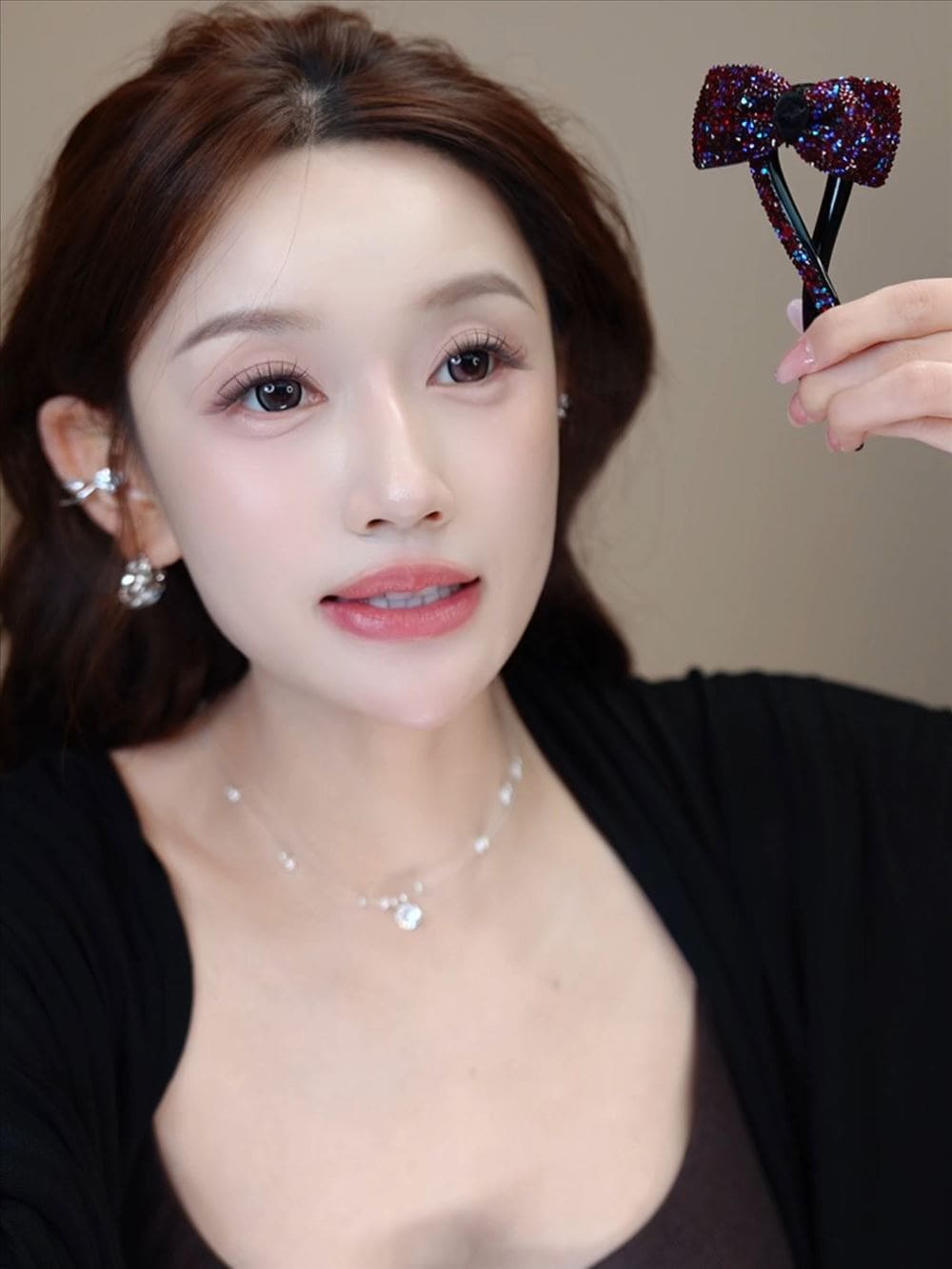 滿鑽紅色砂糖蝴蝶結一字夾扭扭夾髮飾