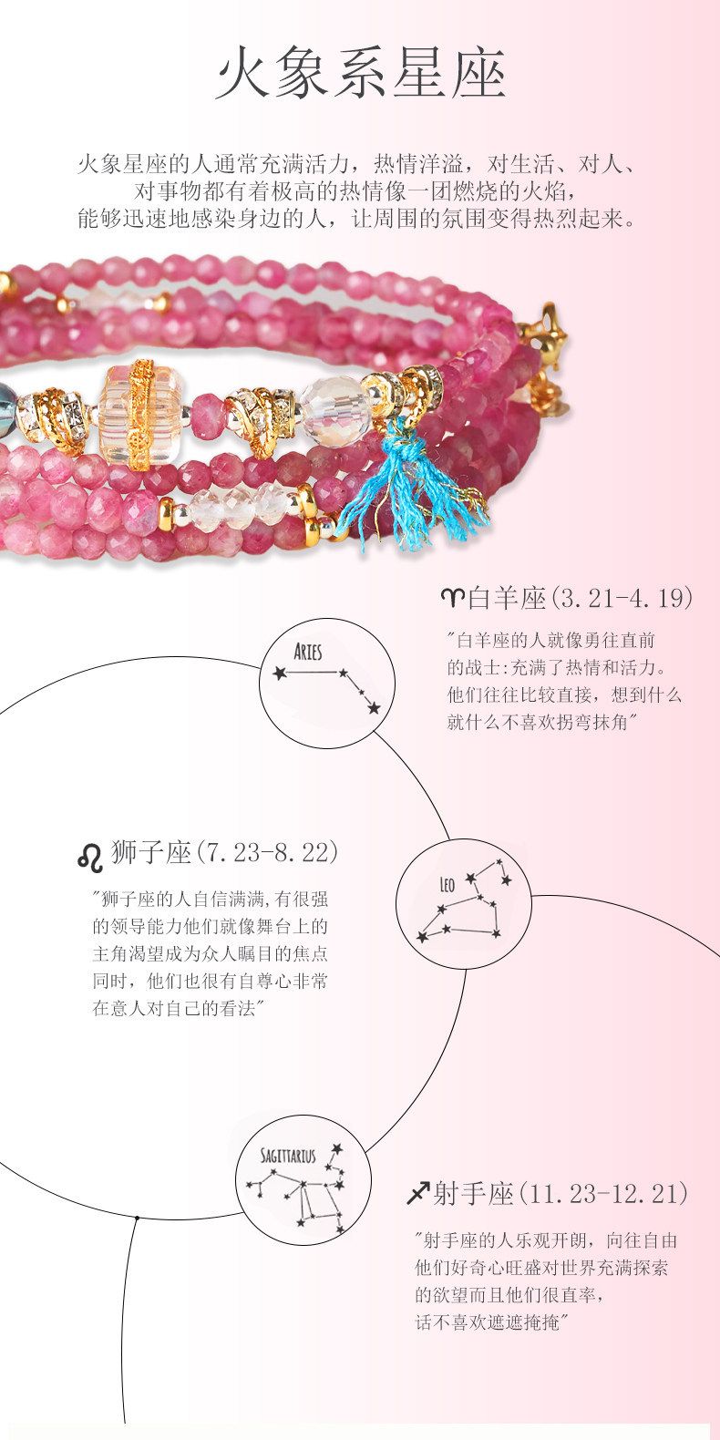 天然粉碧玺多圈十二星座手串