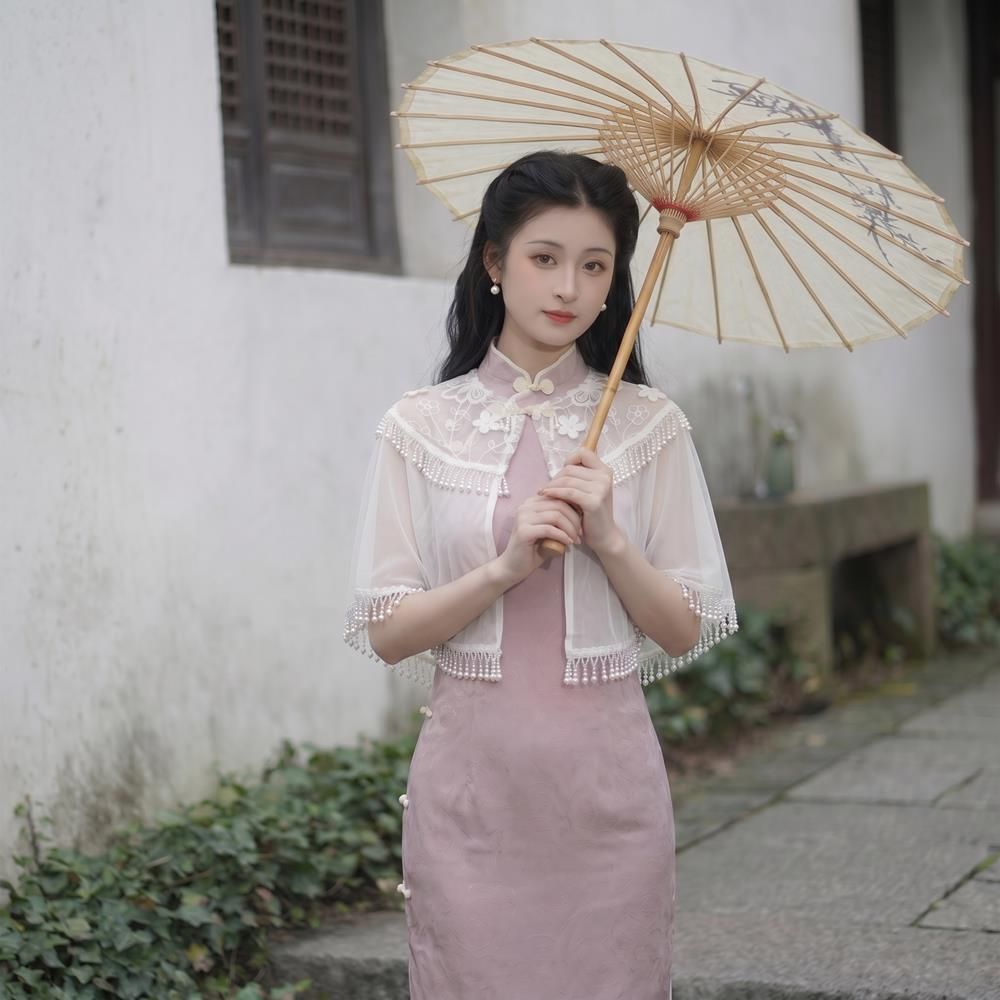 旗袍外搭白色流蘇蕾絲鬥篷披肩：圖片 3