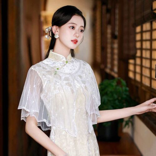 亮片披肩旗袍宴會禮服連衣裙外搭圓領披風