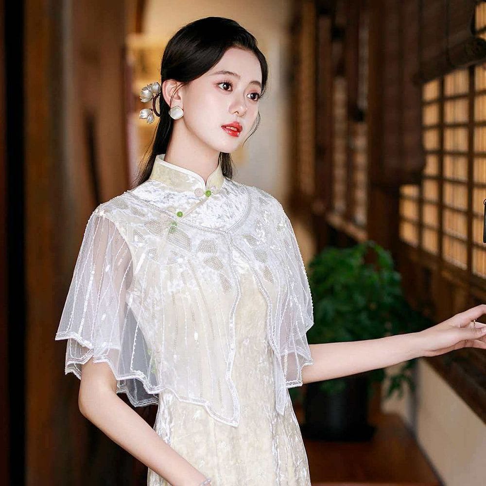 亮片披肩旗袍宴會禮服連衣裙外搭圓領披風