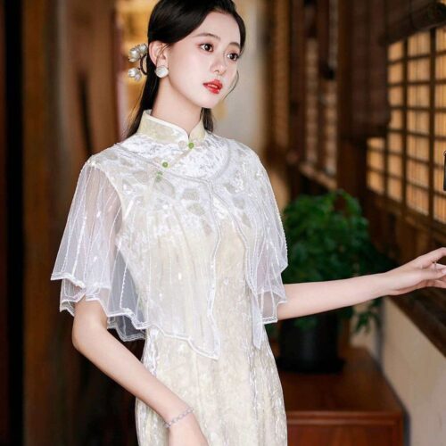 亮片披肩旗袍宴會禮服連衣裙外搭圓領披風：圖片 3