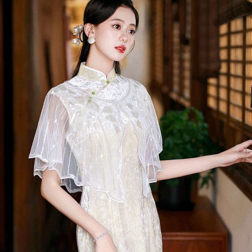 亮片披肩旗袍宴會禮服連衣裙外搭圓領披風：圖片 3