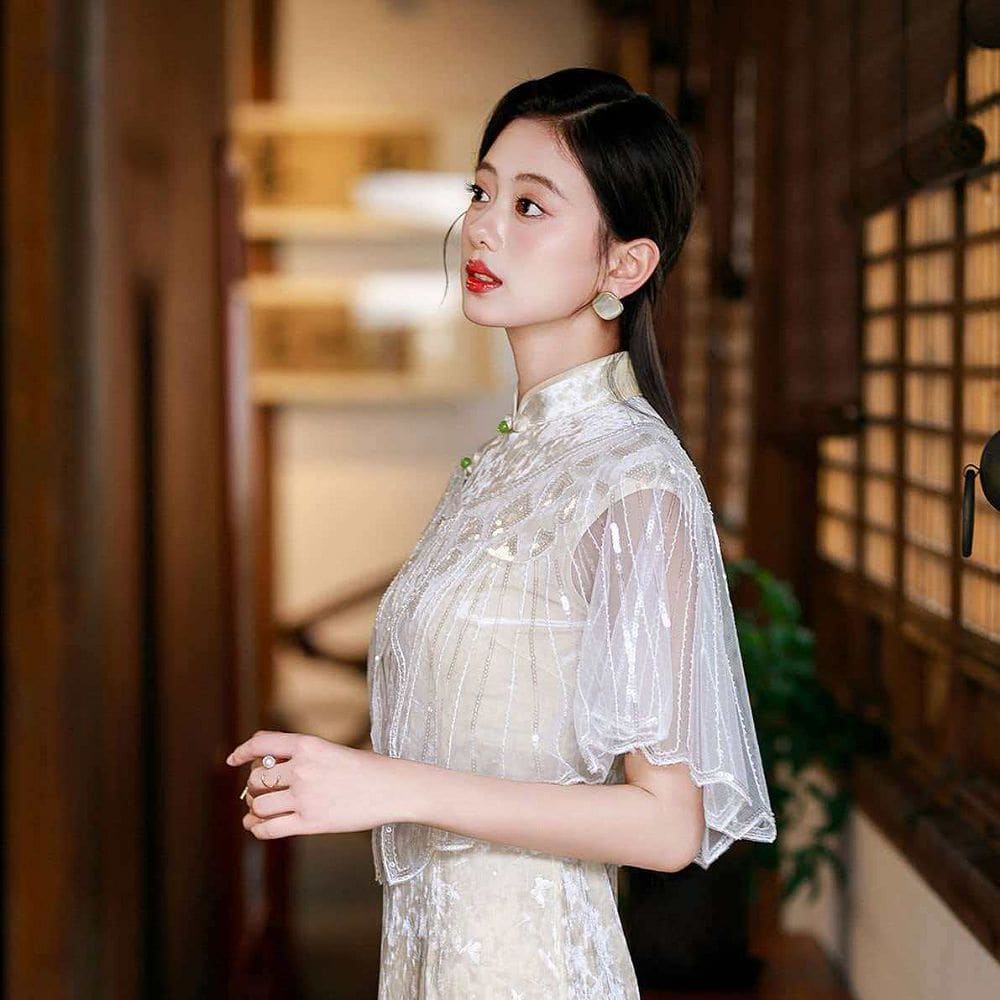 亮片披肩旗袍宴會禮服連衣裙外搭圓領披風：圖片 5