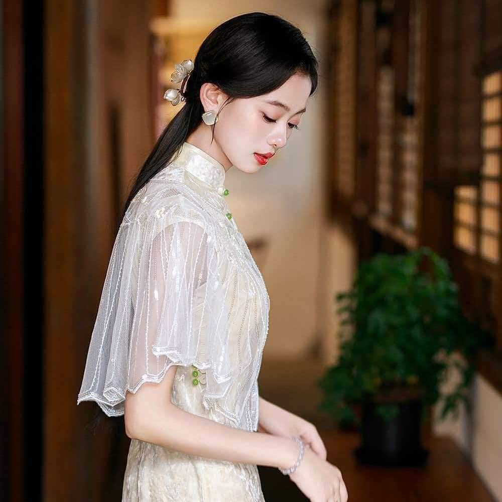 亮片披肩旗袍宴會禮服連衣裙外搭圓領披風