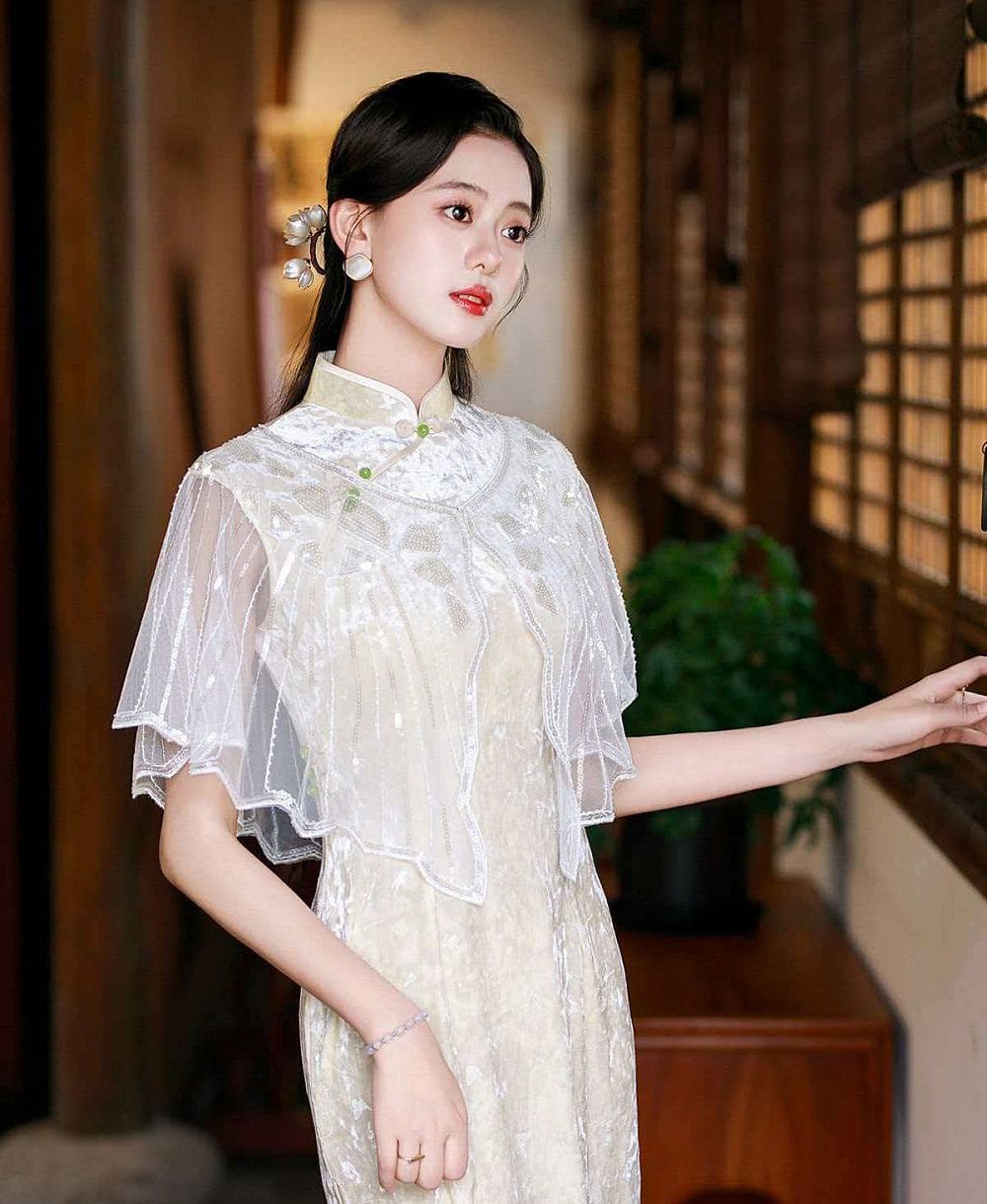亮片披肩旗袍宴會禮服連衣裙外搭圓領披風