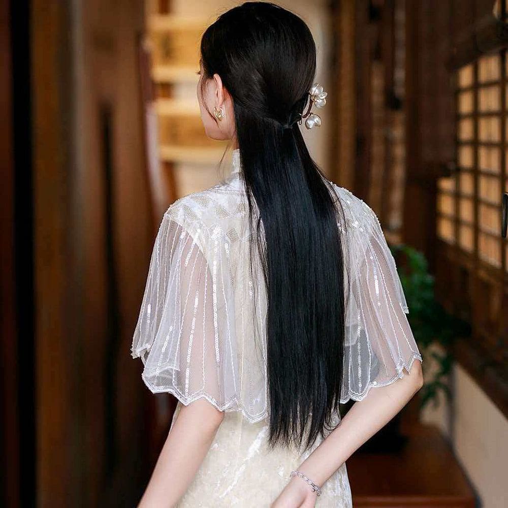 亮片披肩旗袍宴會禮服連衣裙外搭圓領披風