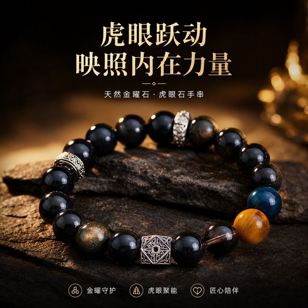 天然金曜石虎眼石手鏈男女轉運珠串珠手串：圖片 3