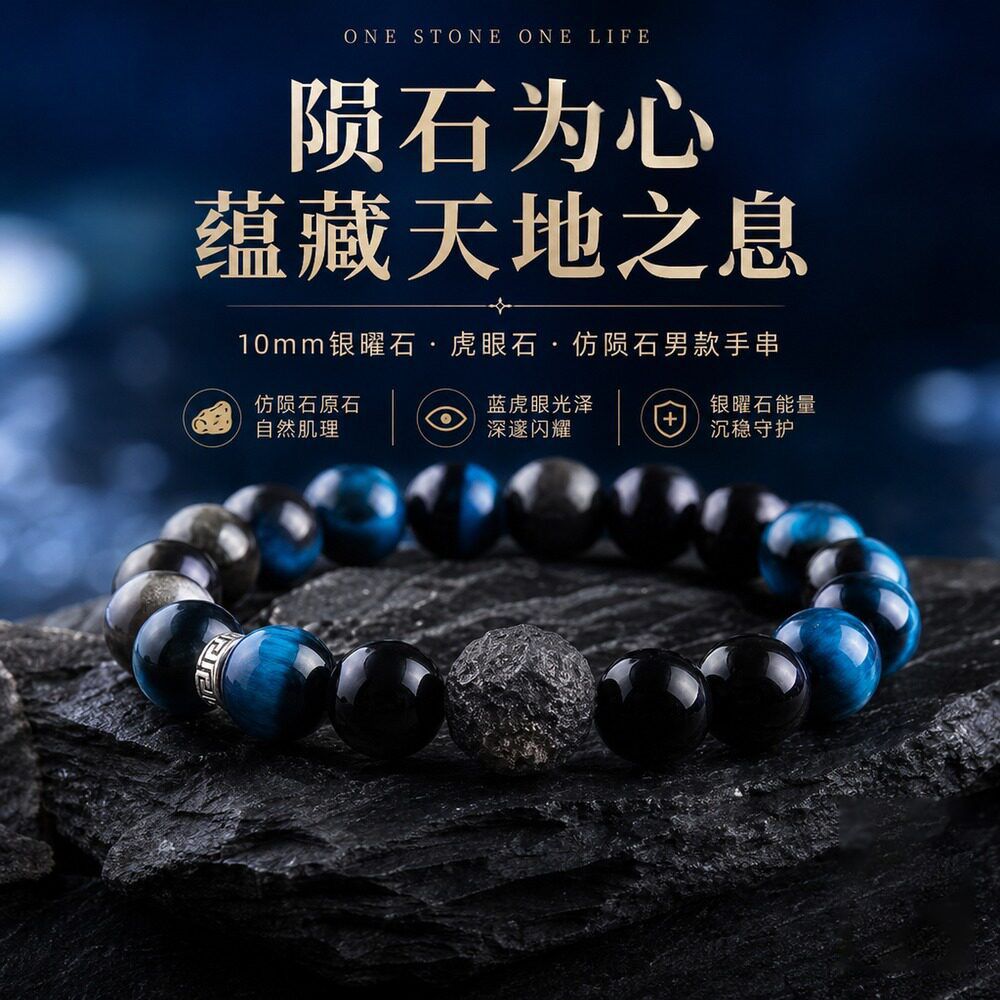 藍虎眼石仿隕石10mm水晶能量守護手串：圖片 2
