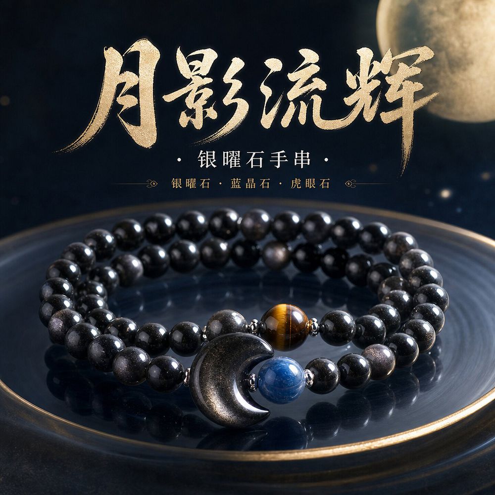 月影流輝銀曜石手串男女款佛珠手鏈