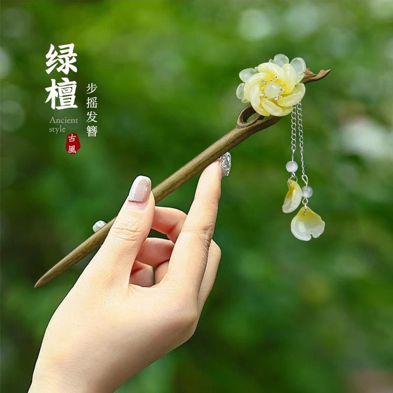 惜花芝綠色山茶花古風髮簪新中式頭飾
