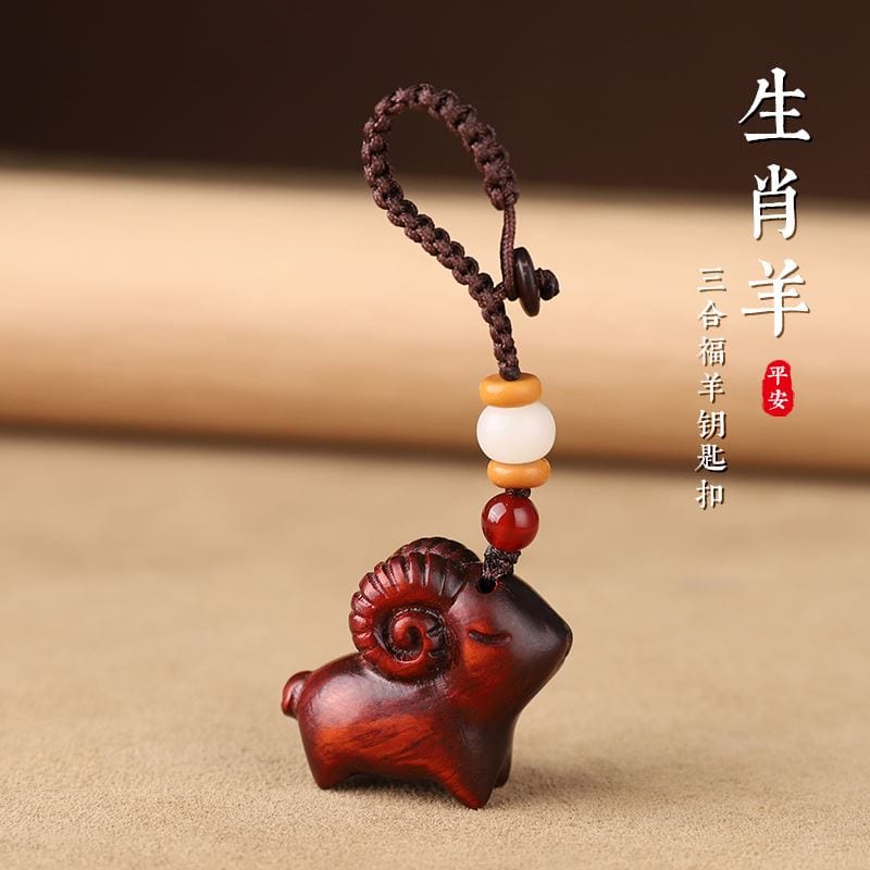 三羊開泰檀木汽車鑰匙扣挂件：圖片 3