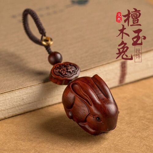 檀木雕兔子汽車鑰匙扣挂件生肖兔：圖片 3