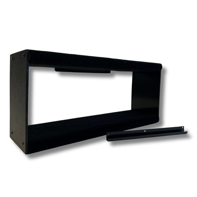 Durable black hanging double shelf for shooting rests and outdoor storage. Perfect for gun enthusias.