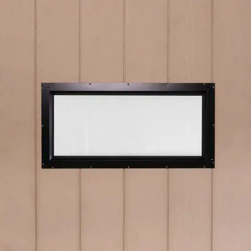 Hunting blind window measuring 30" x 14" with durable frame, ideal for concealed outdoor hunting and.