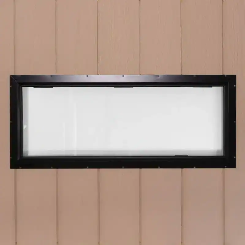 Hunting blind window measuring 42" x 16" with durable frame, ideal for wildlife observation and hunt.