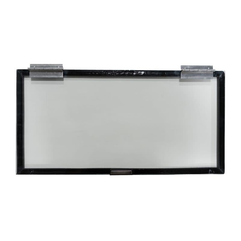 Hinge-mounted glass window ideal for doors and cabinets, measuring 24" x 12".