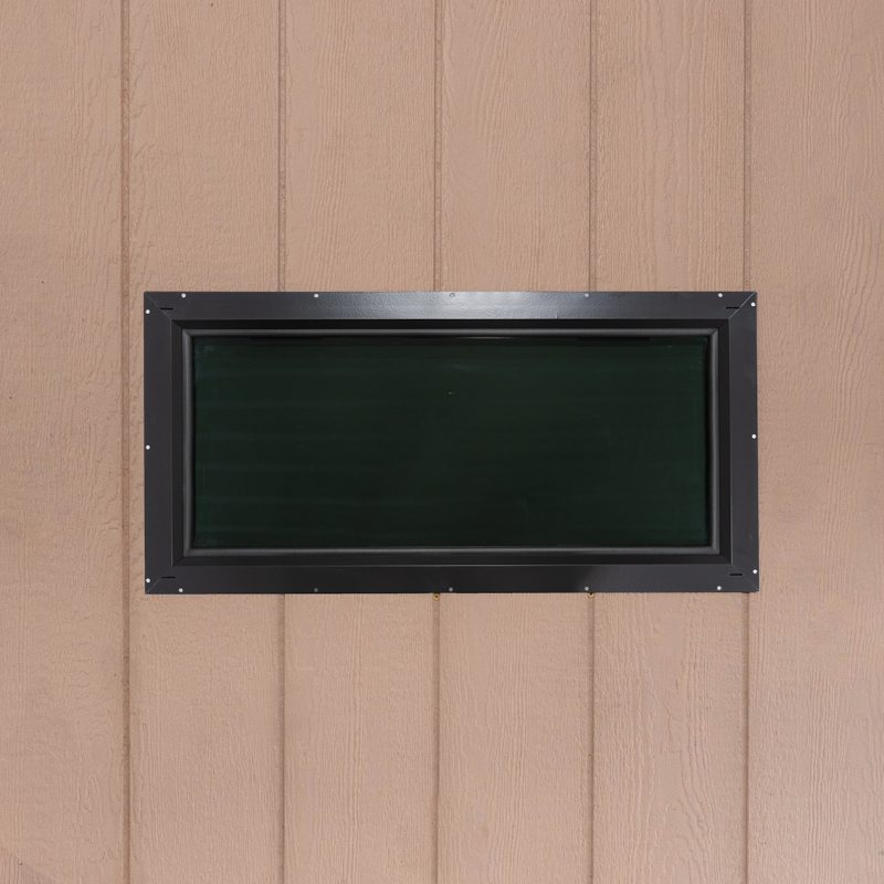 Tinted hunting blind window for outdoor concealment and wildlife observation.