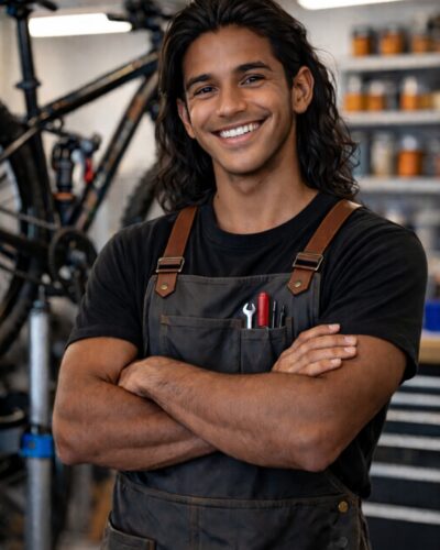 Team bei Zweirad-Dreste in Augsburg Lächelnder Mechaniker in Werkstatt mit Fahrrad im Hintergrund.