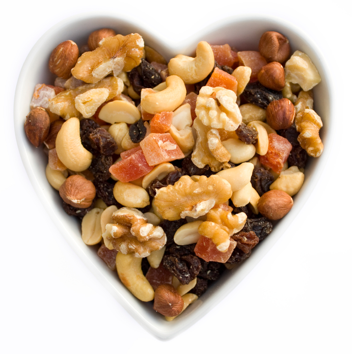 Dried fruits and nuts in a heart