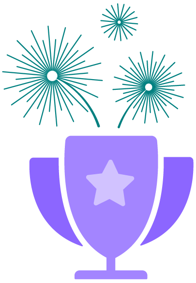 Lila Trophäe mit Stern und strahlendem Glanz, umgeben von drei türkisfarbenen Feuerwerken – Symbol für Wettbewerb, Gamification und Gewinnspiele.