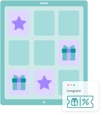 Tablet mit Memory-Spiel: Lila Sterne und Geschenkboxen, Gewinnspiel-Pop-up „Herzlichen Glückwunsch!“ mit Geschenk- und Prozentzeichen als Belohnung – Gamification-Software für Wettbewerbe und Preise.