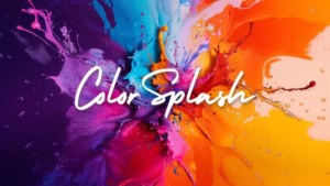 Bunte Farbexplosion als künstlerischer Hintergrund mit lila, blau, pink, orange und gelb; mittig „Color Splash“ in weißer Schrift – ideal für Gamification-Software, Gewinnspiele und Wettbewerbe.