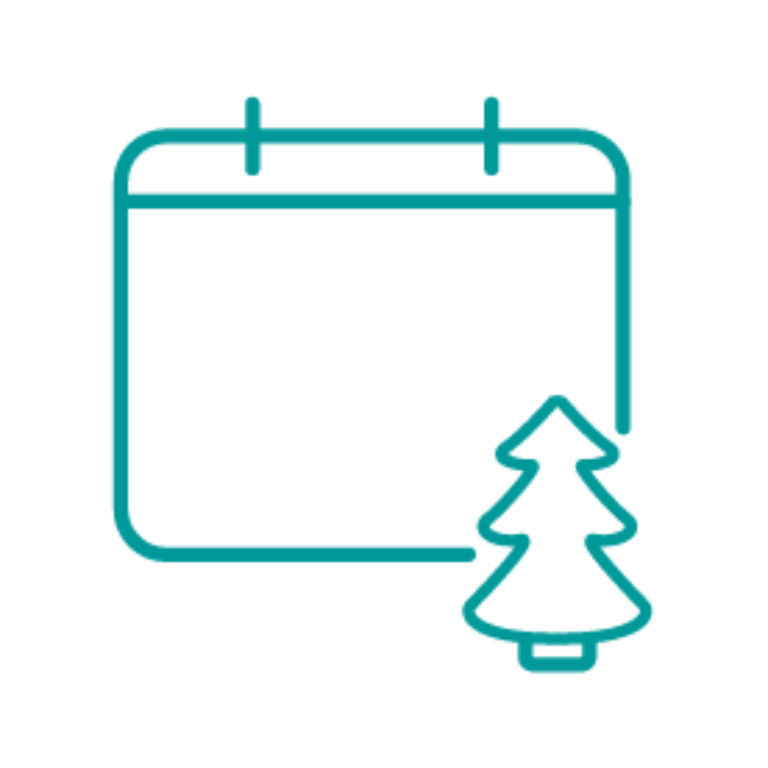 Kalender-Icon mit kleinem Weihnachtsbaum, symbolisiert festliche Gewinnspiele oder weihnachtliche Wettbewerbe auf einer Gamification-Software-Website.