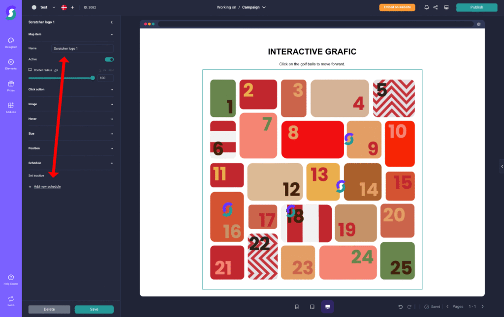 Scratcherspiel interaktive Grafik mit nummerierten, farbigen Quadraten für kreatives Marketing und Kundenbindung.