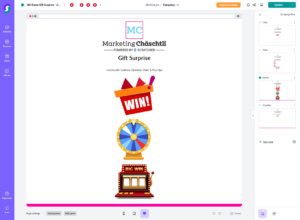 Screenshot eines Marketing-Kampagneneditors mit Gamification-Software: Geschenküberraschung-Spiel, drehendes Glücksrad, rotes „WIN!“-Zeichen im Korb und auffällige „BIG WIN!“-Slot-Machine-Grafik im Mittelpunkt – ideal für Gewinnspiele und interaktive Wettbewerbe.
