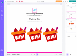 Screenshot einer Gamification-Software: Im digitalen Design-Interface wird eine Mystery Box-Kampagne mit drei animierten Mystery Boxen („WIN!“) und Marketing Chäschtli Logo angezeigt; Bearbeitungstools und Vorlagenoptionen sind sichtbar.