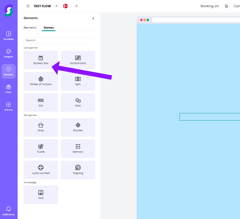 Screenshot einer Gamification-Software: Auf dem „Games“-Tab werden verschiedene Spieloptionen angezeigt. Ein großer lila Pfeil hebt in der Kategorie „Glücksspiele“ die „Mystery Box“-Schaltfläche hervor und lädt Nutzer ein, neue Überraschungen zu entdecken.