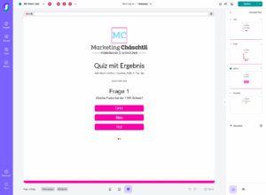 Quiz-Erstellungsschnittstelle einer Gamification-Software mit erster Frage auf Deutsch zur Farbe des 100-Euro-Scheins, drei Antwortoptionen (Grün, Blau, Rot) auf modernem weißen Hintergrund mit pinken Akzenten.