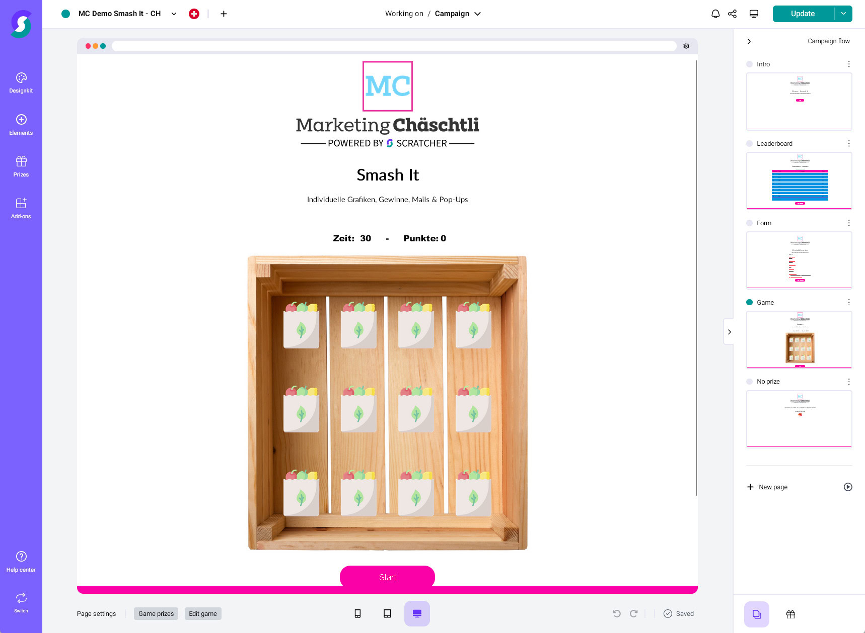 Digitales Spiel-Interface mit Holzbox und 12 Kaktus-Spielkarten, Header „Marketing Chäschtli“, Timer, Punktestand und interaktiver Seitenleiste – Beispiel für Gamification-Software für Gewinnspiele und Wettbewerbe.